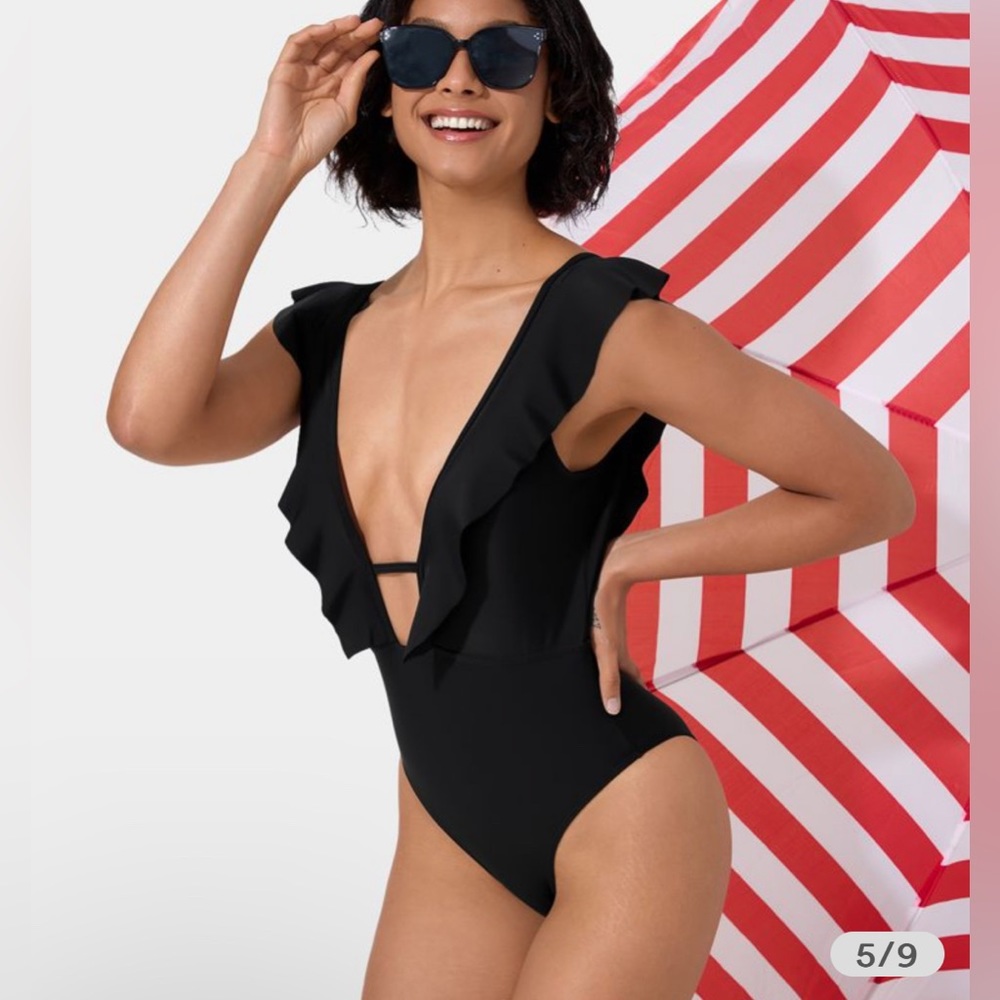 Deep V Neck Ruffle Backless One Piece Swimsuit